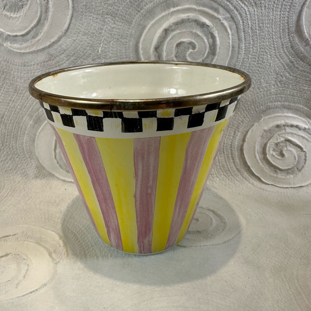 MacKenzie Childs Enamel pink and yellow striped Planter 4"tall 4.5" wide